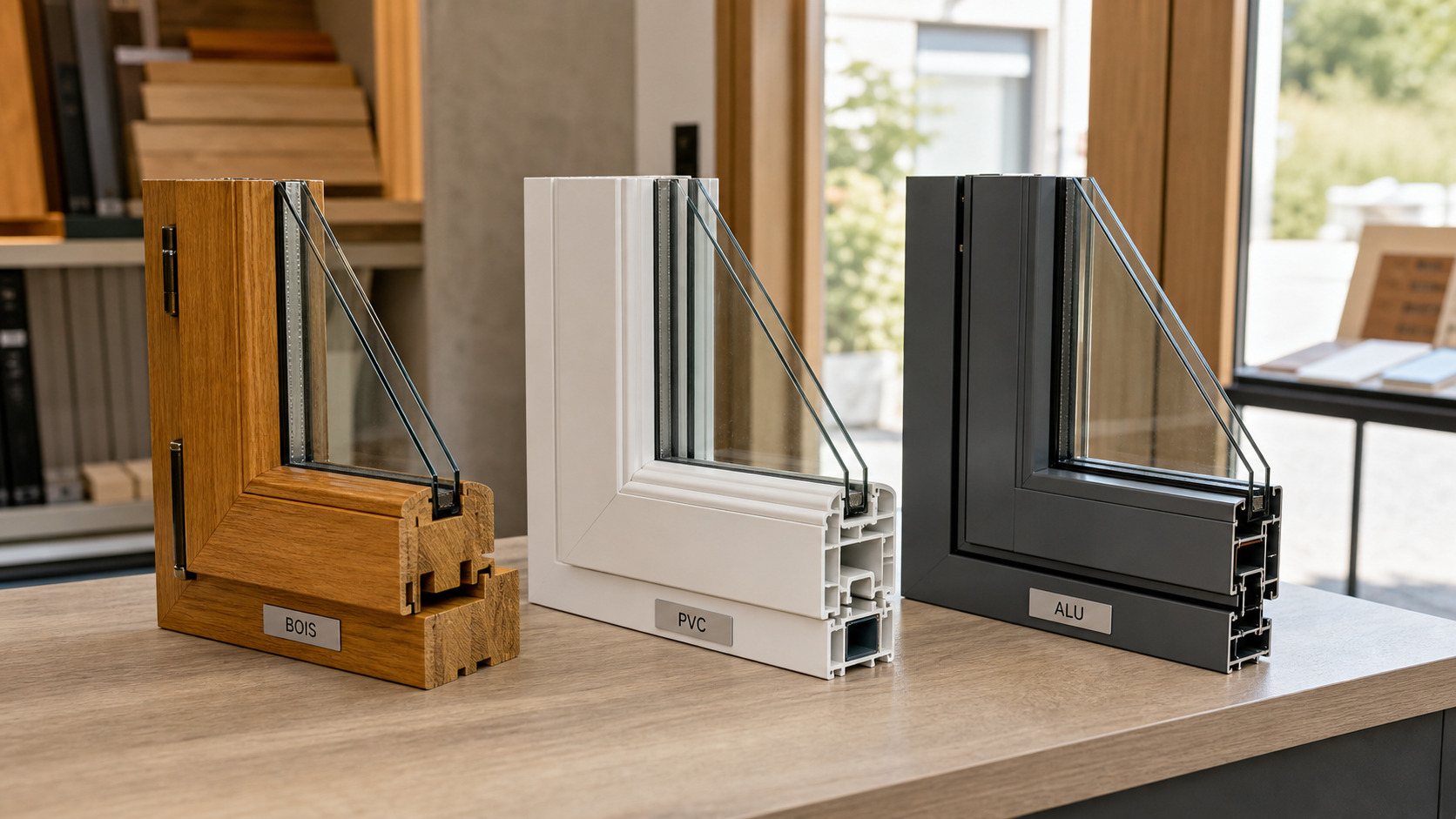 Échantillons de fenêtres en bois, PVC et aluminium avec double vitrage
