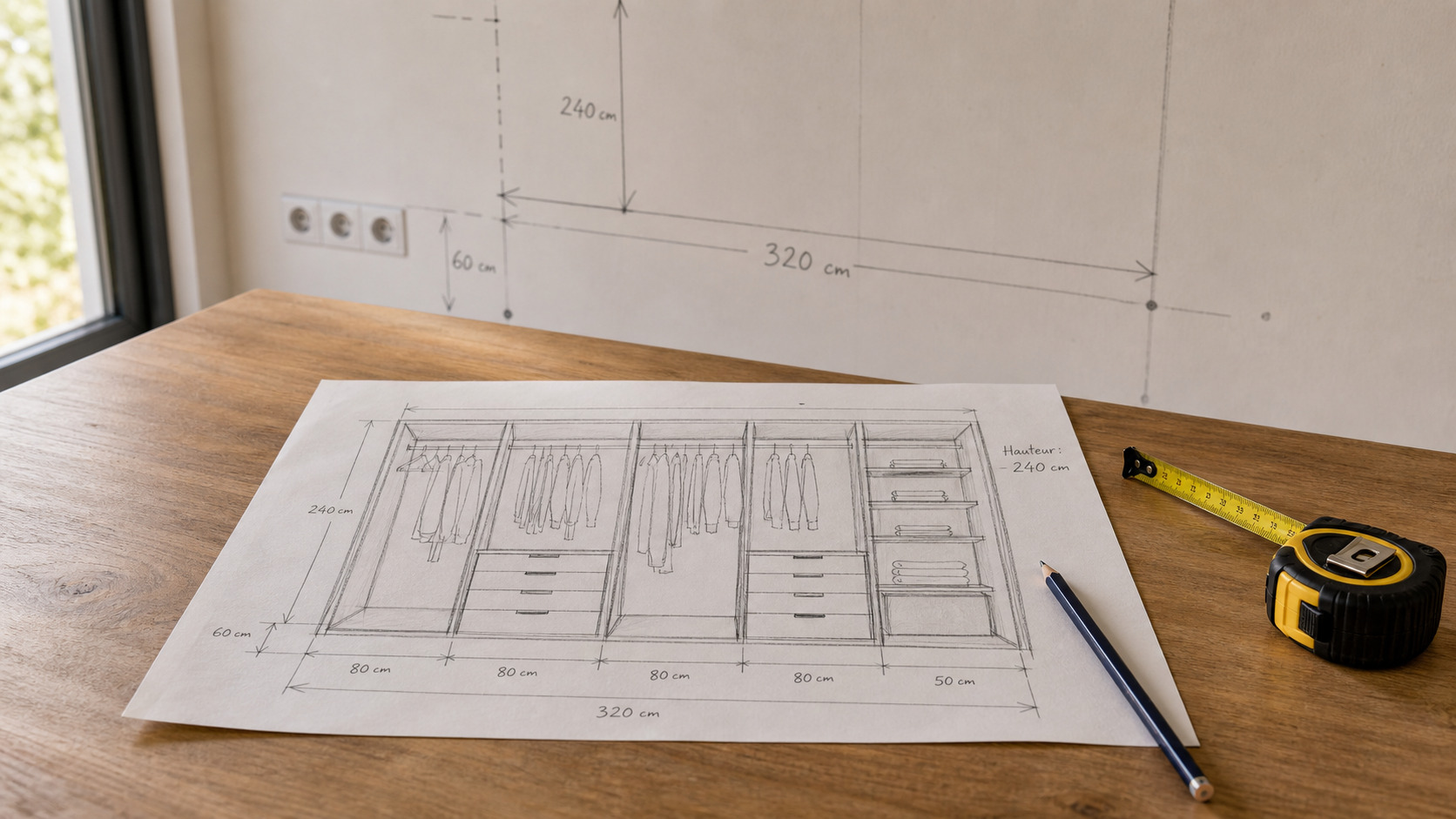 Croquis de dressing avec penderies, tiroirs, étagères et mesures au mur